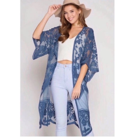 Edge Style Other - • 2X H P • Crochet Lace Midi Duster Kimono - Blue